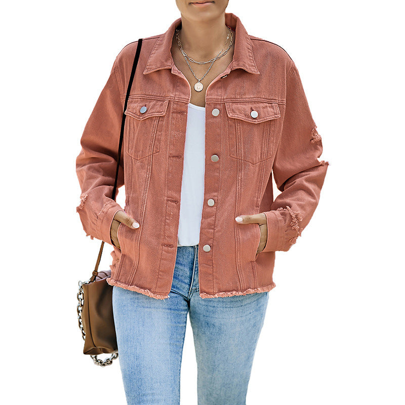Women's Solid Color Single Row Washed Denim Cardigans