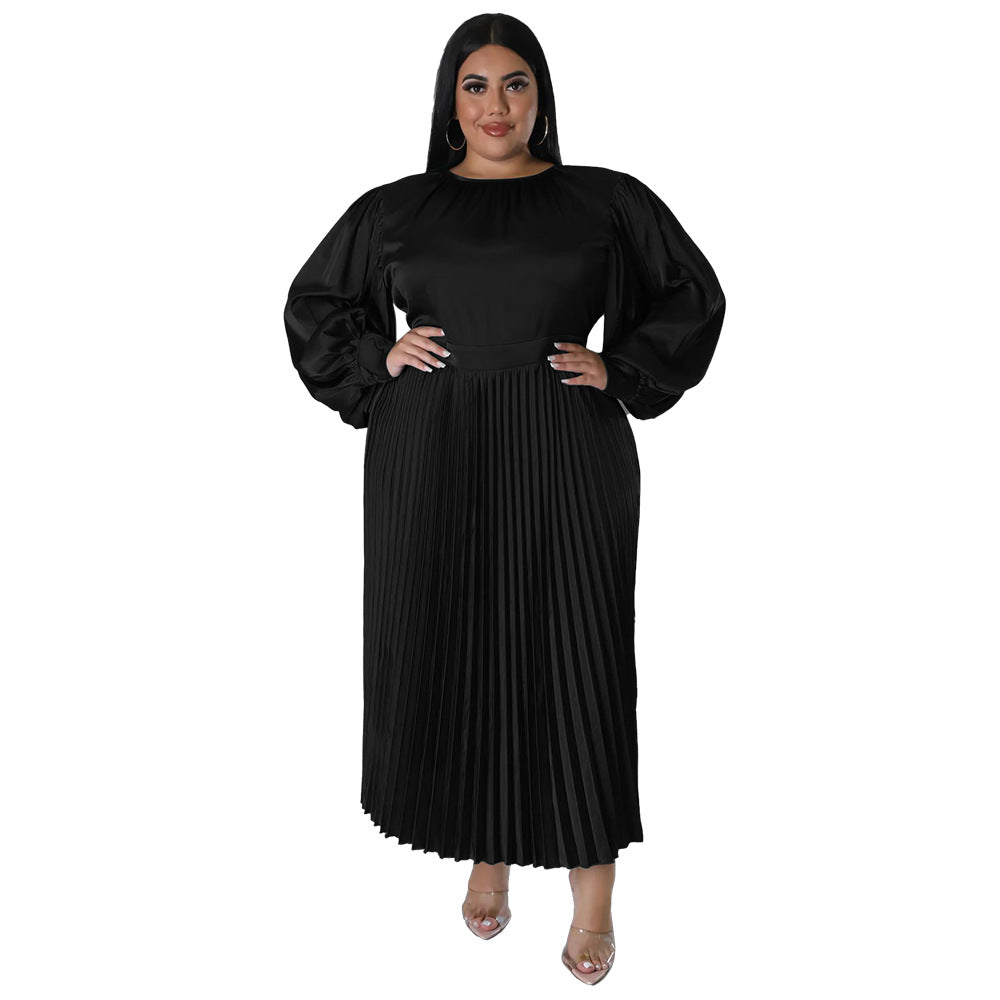 Women's Versatile Pleated Long Dress Sleeve Dresses