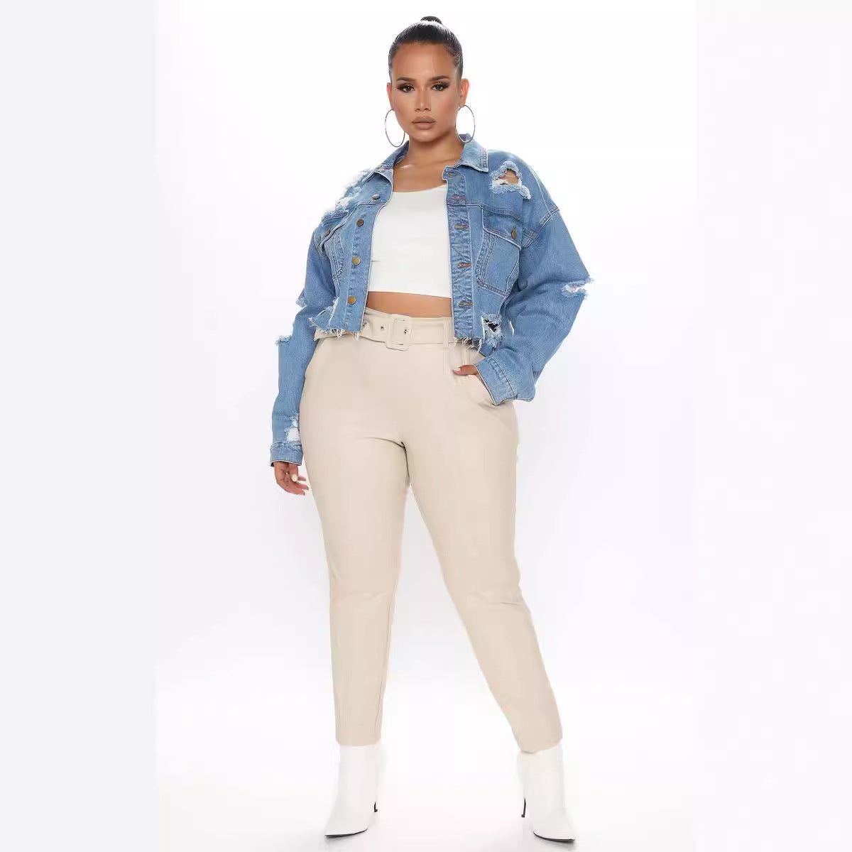 Women's Denim Fashion Holes Washed Cut Jackets