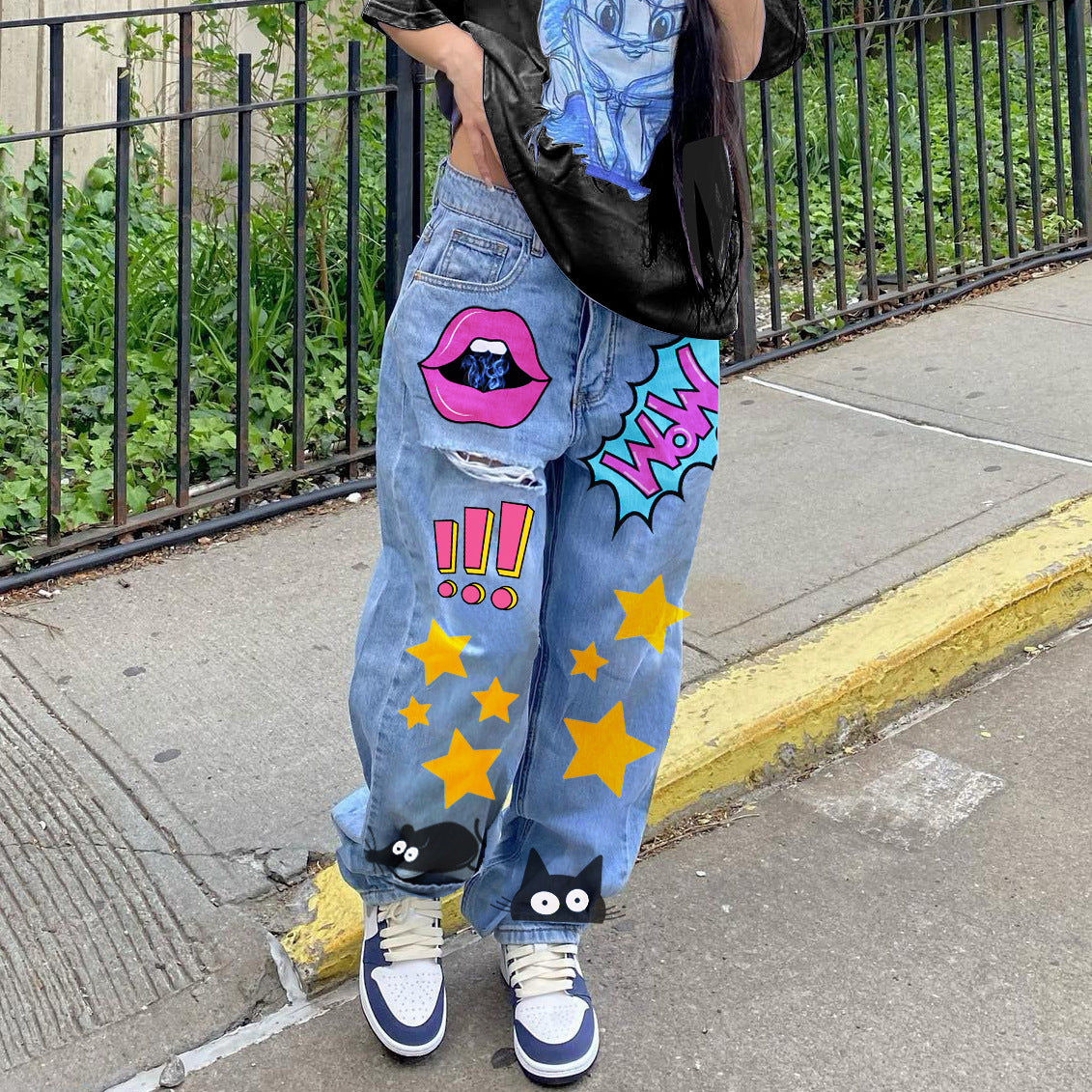 Women's Vintage Printed Slim Fit Denim Trousers Jeans