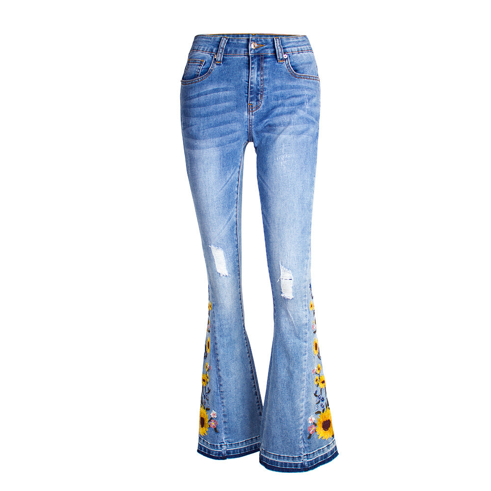 Women's Fashion Flared Three-dimensional Embroidered Trousers Jeans