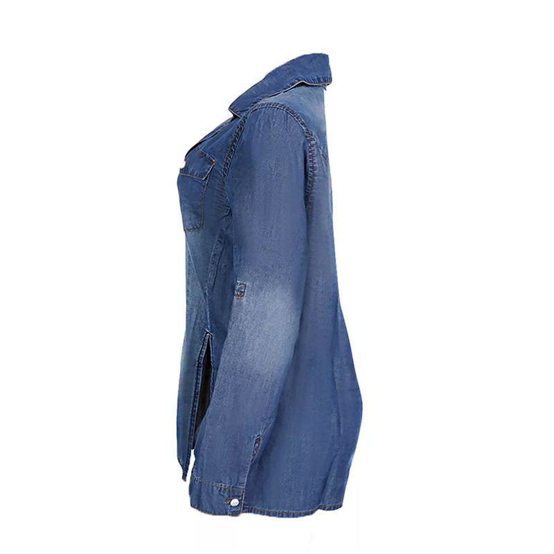 Women's Denim Shirts Button Roll Sleeve Split Blouses