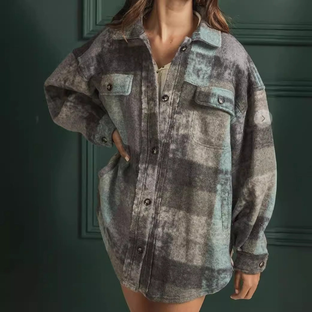 Women's Single-breasted Lapel Fleece Plaid Shirt Coats
