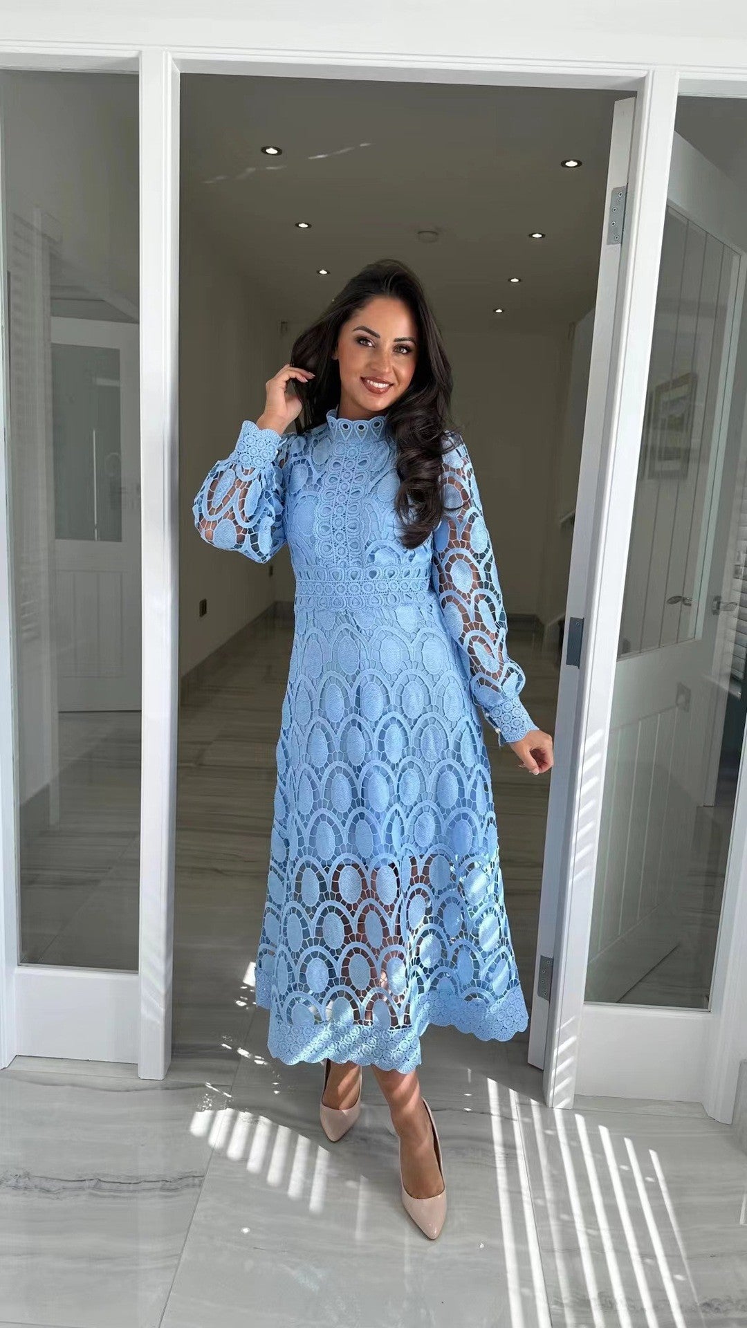 French Style Lace Stand Collar Puff Dresses