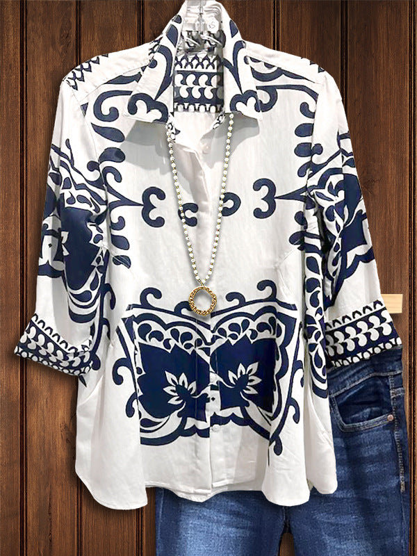 Women's Retro Black White Square Scarf Printed Shirt Court Blouses