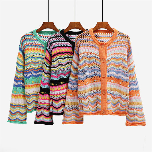 Women's Striped Loose Large Rainbow Button Sweaters