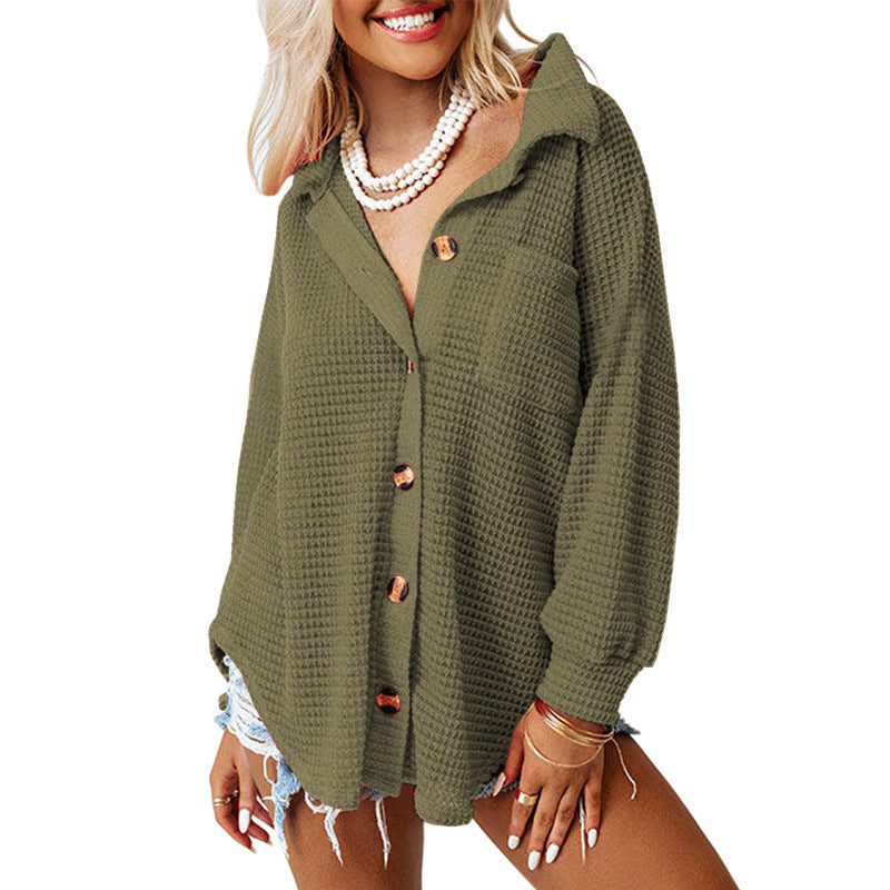 Women's Waffle Casual Shirt Solid Color Long Blouses