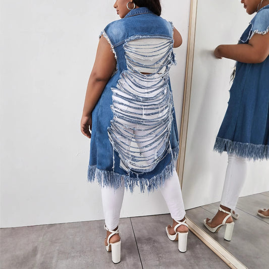 Women's Large Lapel Back Area Ripped Button Vests