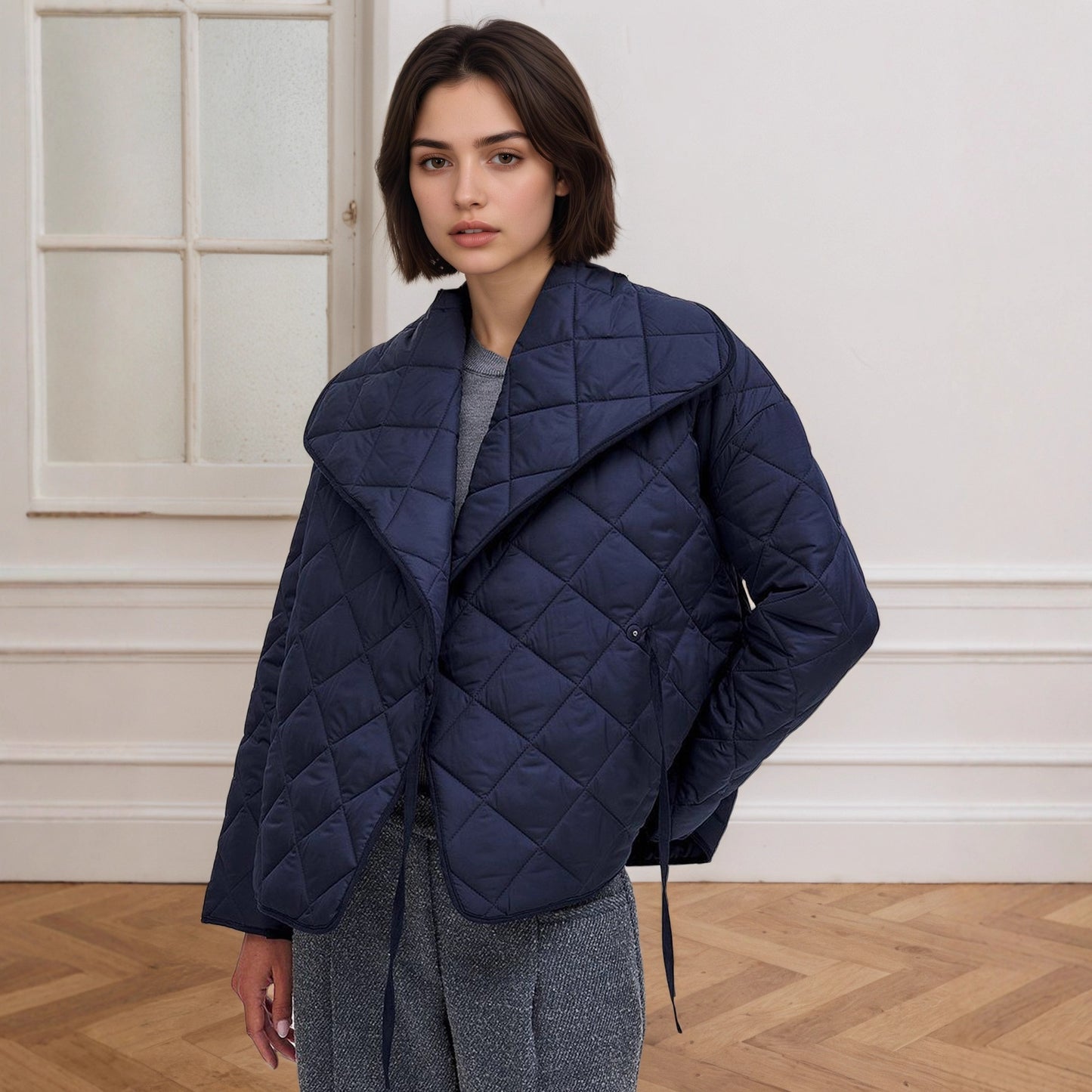 Women's Fashionable Large Lapel Sapphire Blue With Rhombus Quilted Coats