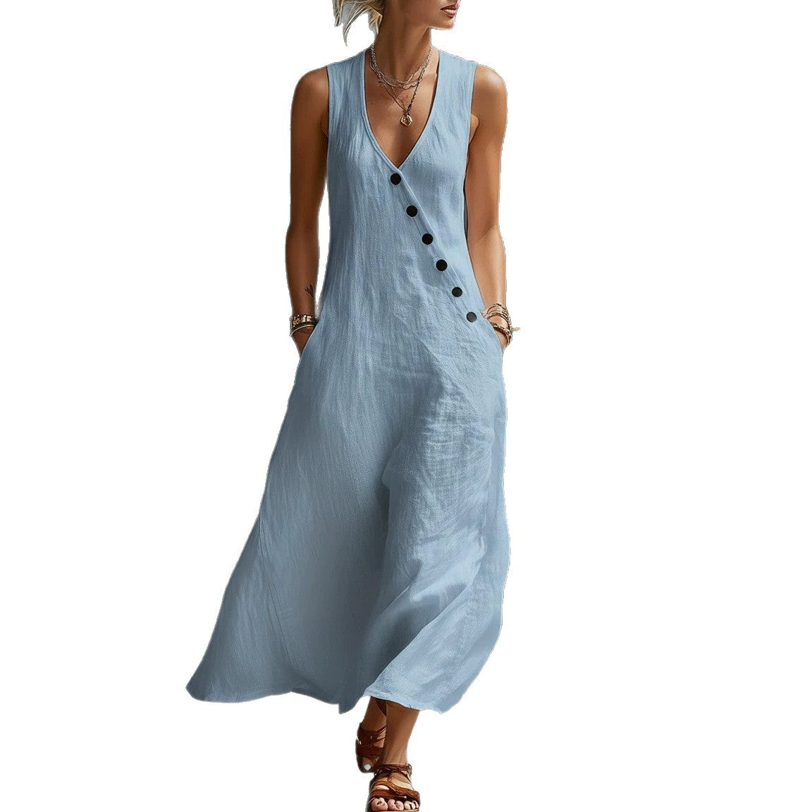 Idle Style Double-breasted Cotton Linen Sleeveless Dress