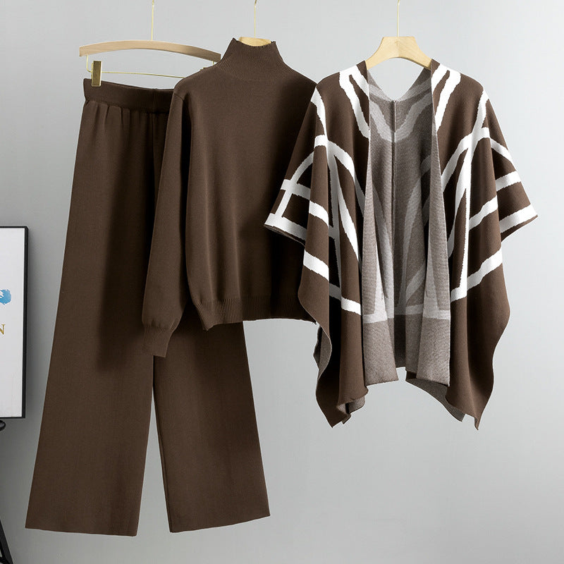 Women's Temperament Idle Style Knitted Shawl Cape Wide Leg Fashion Casual Suit