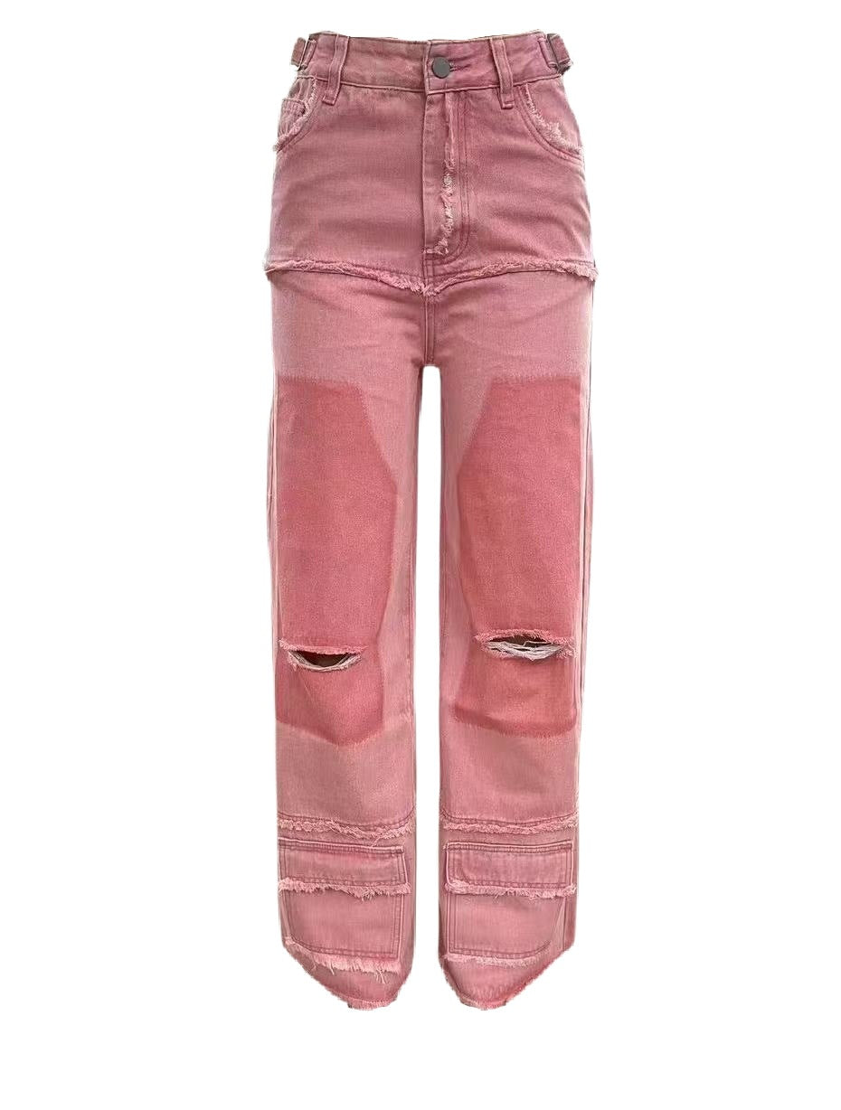 Women's Fashion Ripped Cool Stitching Gradient Pink Jeans