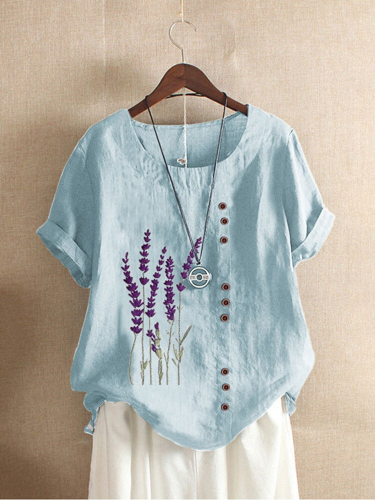 Women's Fresh Printed Round Neck Sleeve Fastener Blouses