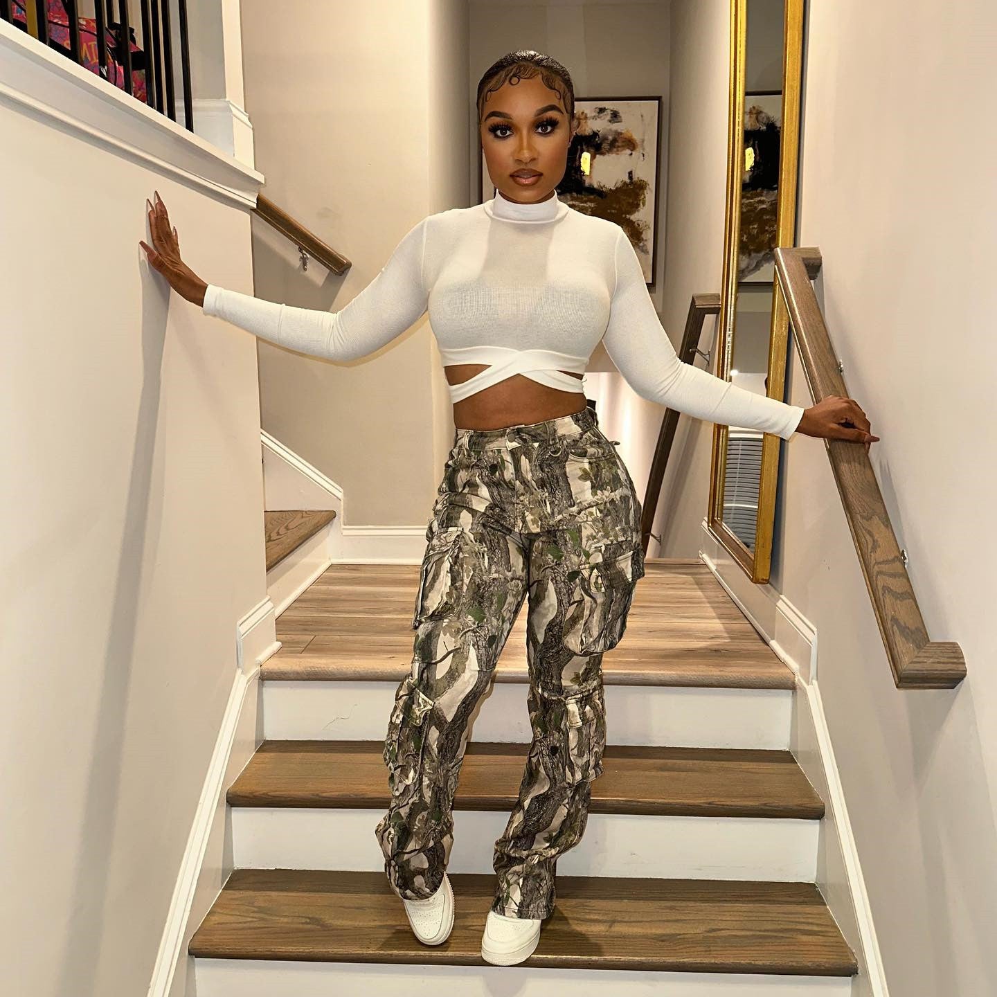 Hipster Stitched Camouflage Printed High Waist Contrast Pants