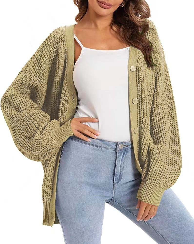 Lantern Sleeve Knitted Female Single Breasted Sweaters