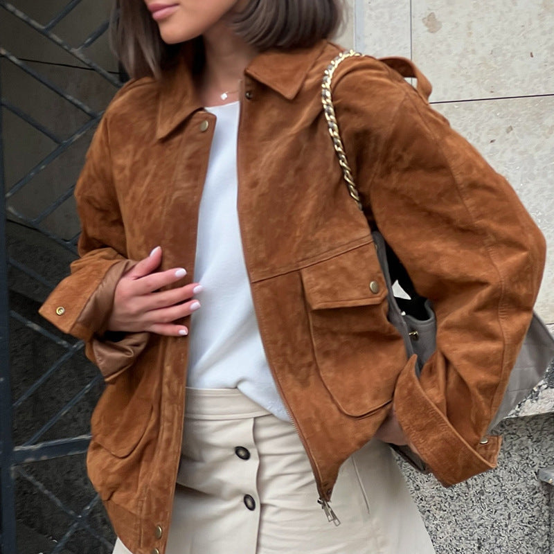 Women's Autumn Fashion Casual Suede Texture Bomber Jackets