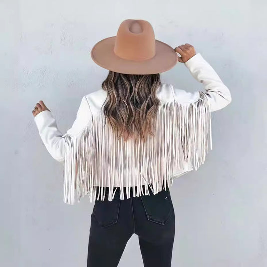 Women's Autumn Slim Long Sleeve Printed Tassel Coats