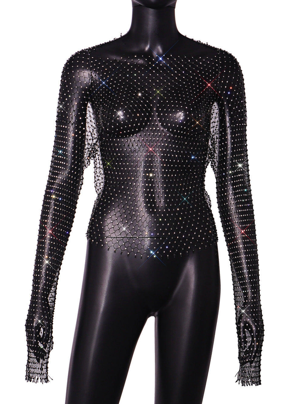 Women's Transparent Sexy Nightclub Grid Rhinestone Round Neck Blouses