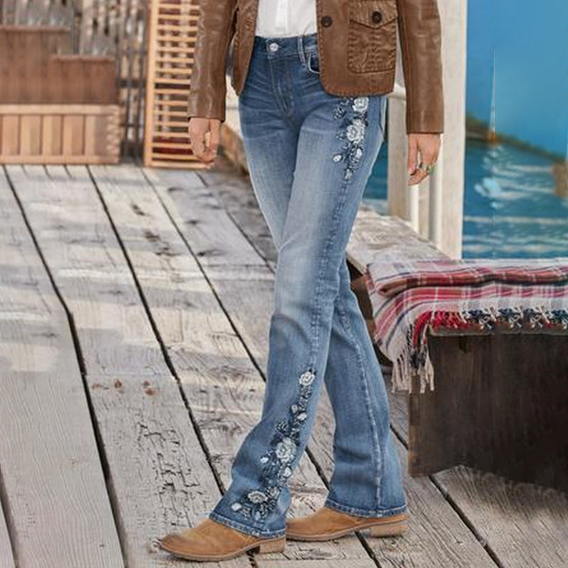Women's Embroidered Simple Mid Waist Spring Elastic Jeans