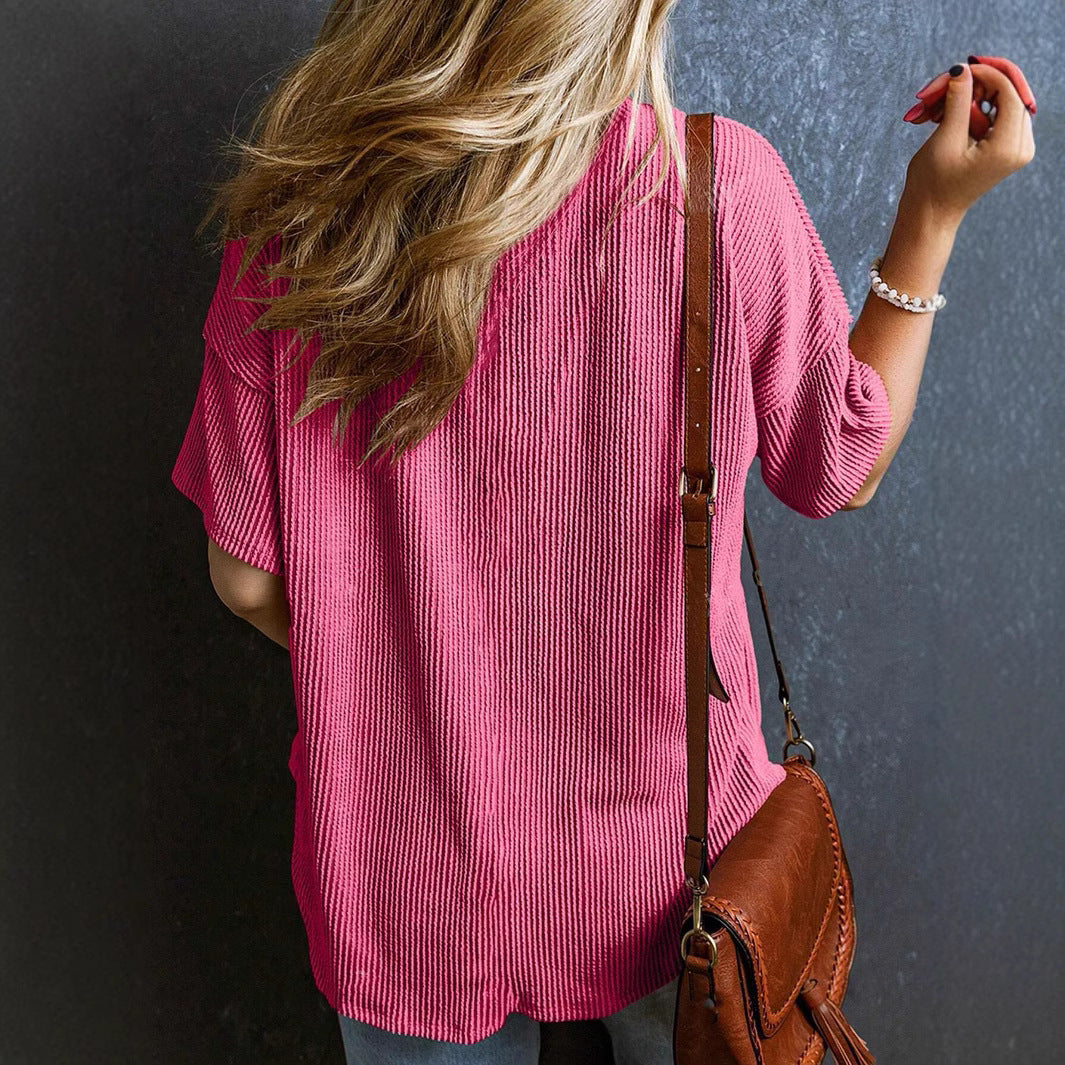 Women's Fashionable Two-color Twisted Pocket Short-sleeved For Blouses