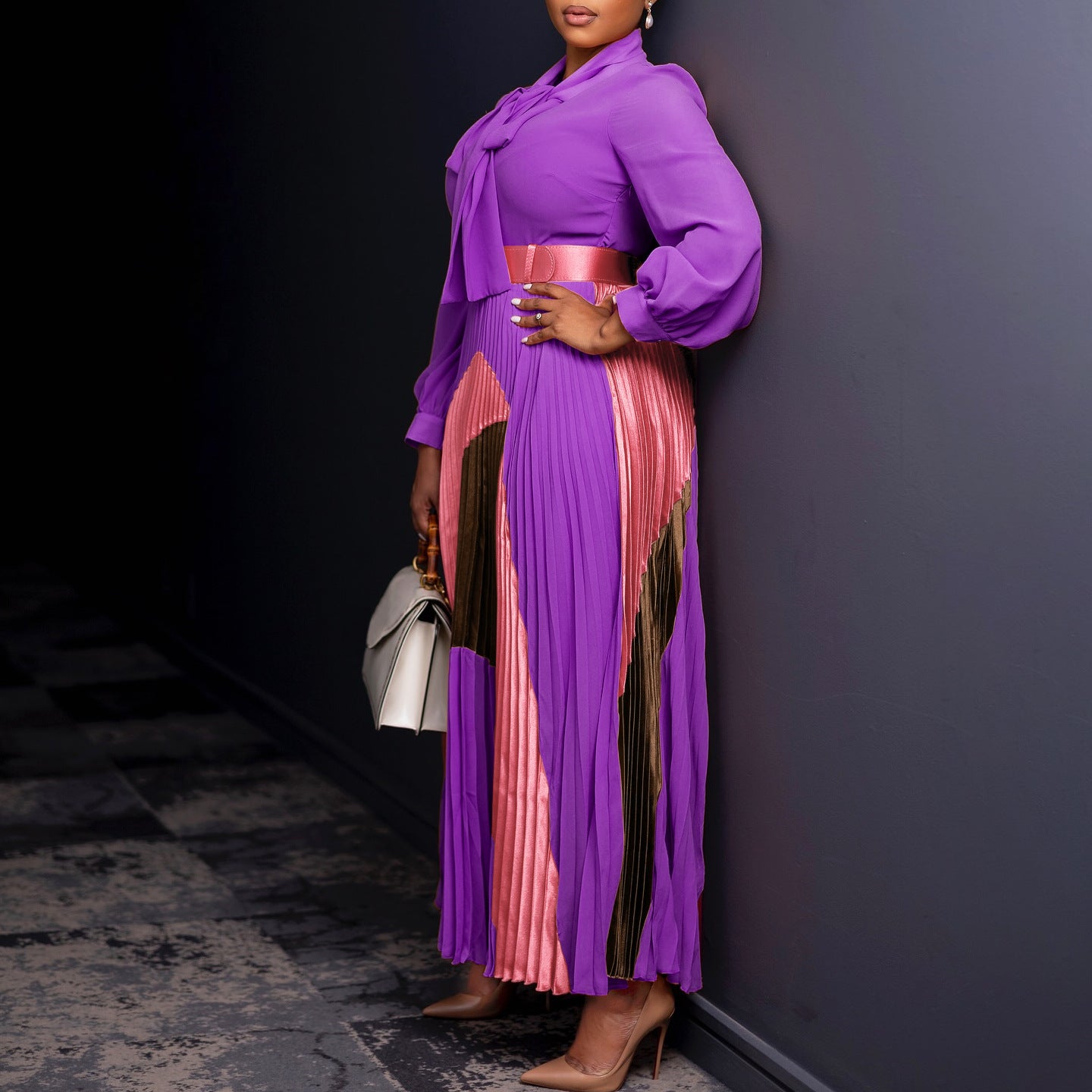 Women's Pleated Long Sleeve Color Matching Elegant Dresses
