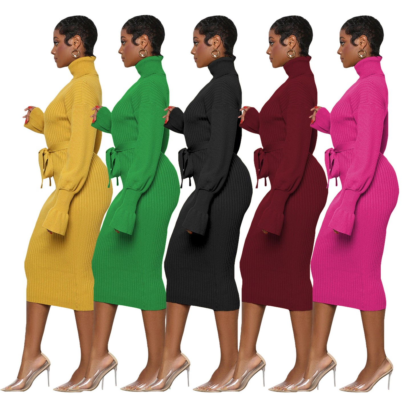 Women's Solid Color Turtleneck Knitting Tied Dress Dresses