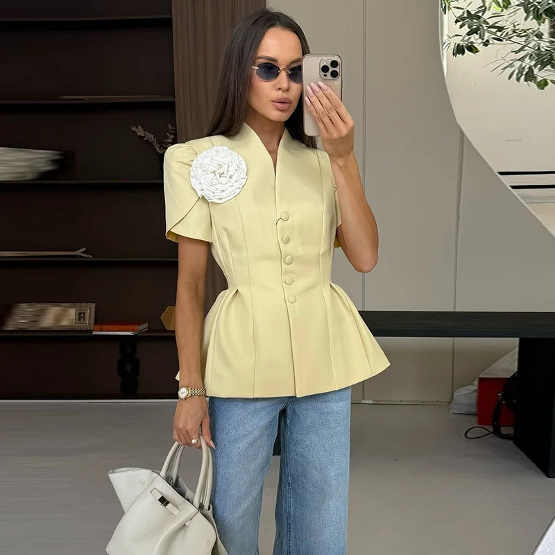 Women's Summer Handmade Flowers Waist Trimming Short-sleeved Blouses