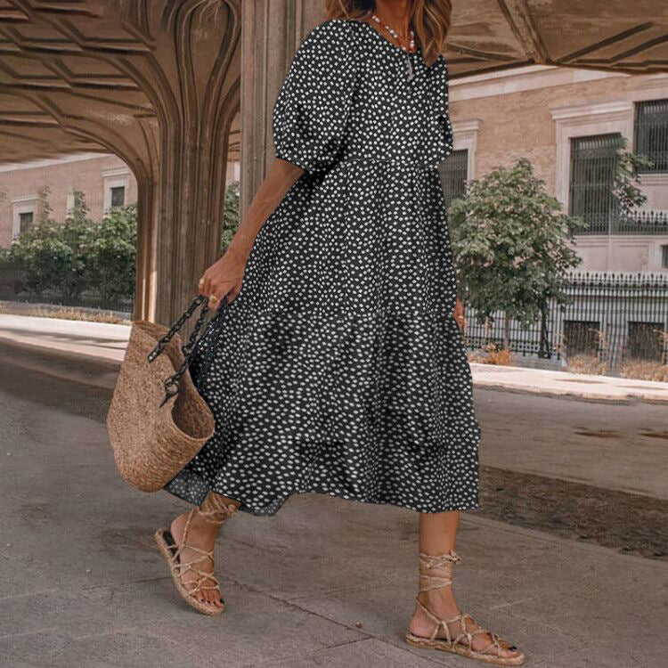 Women's Mid-length Casual Long Sleeve Plaid Frill Loose Dresses