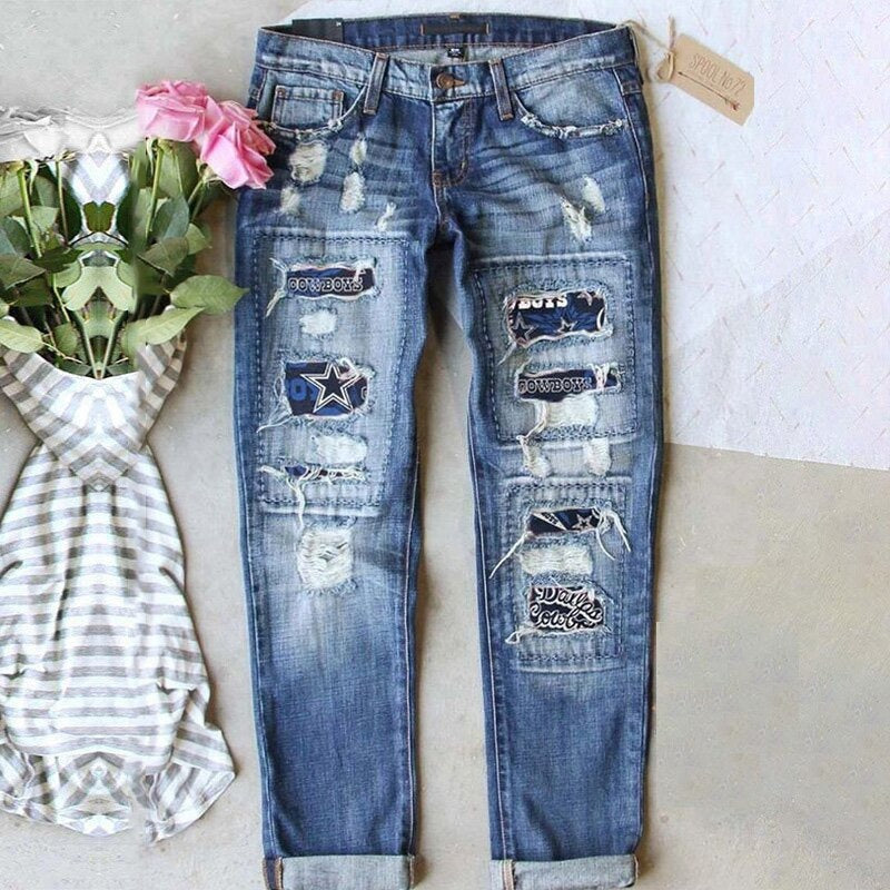 Women's Ripped Print Street Contrast Color Straight Jeans
