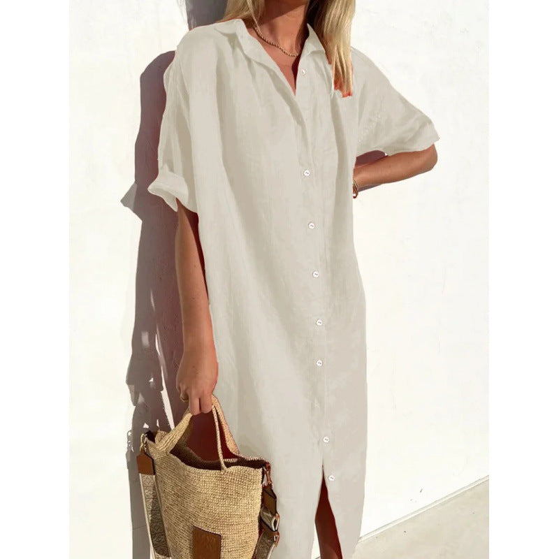 Women's Elegant Casual Loose Sleeves Button Dress Cotton Dresses