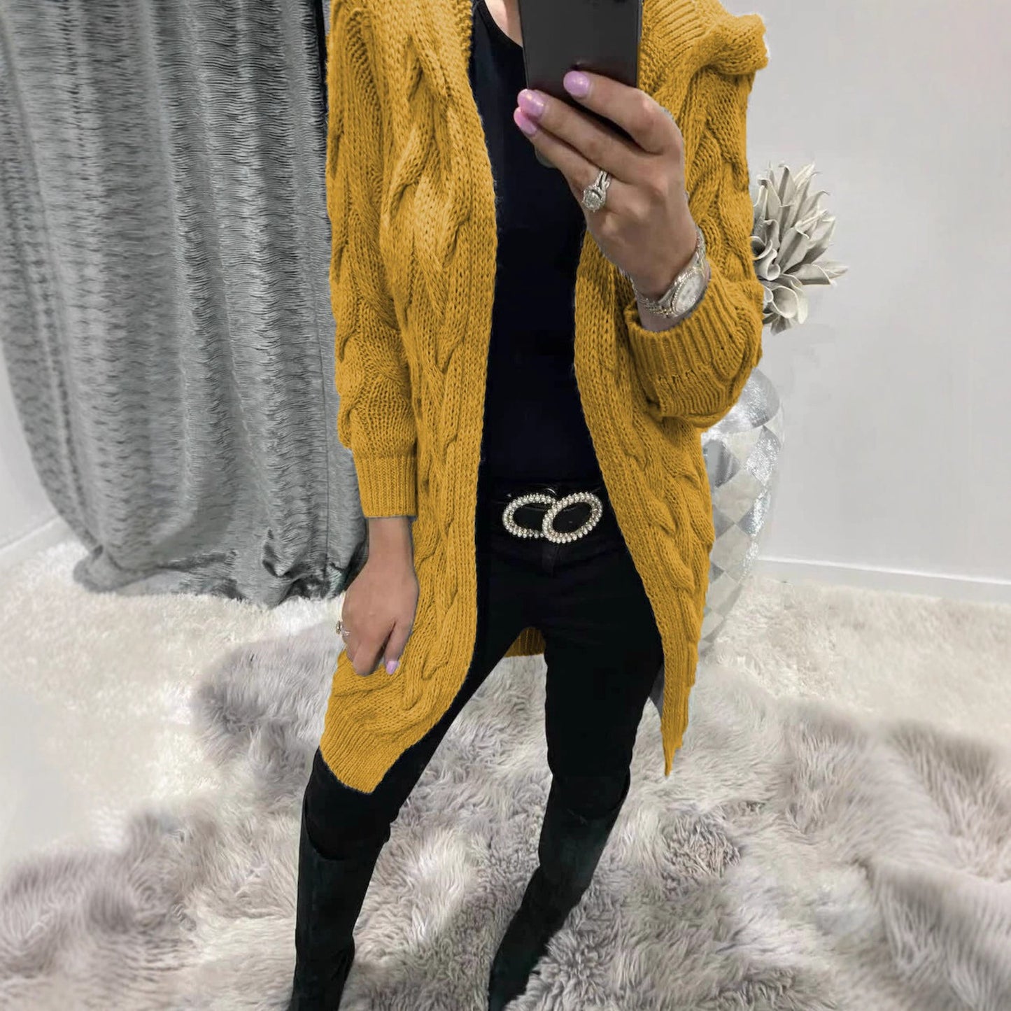 Women's Knitted Hooded Solid Color Mid-length Knitwear