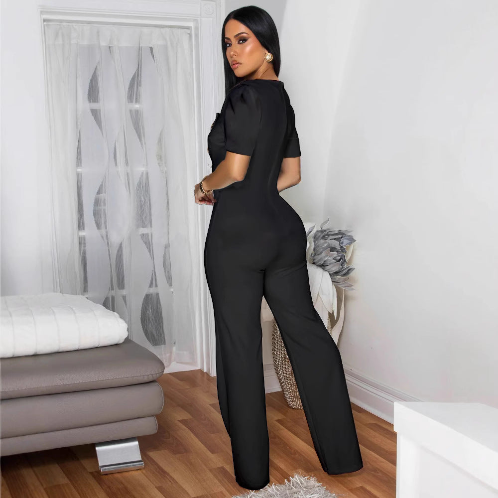 Women's Line Stitching Large Buttons Short-sleeved Sports Pants