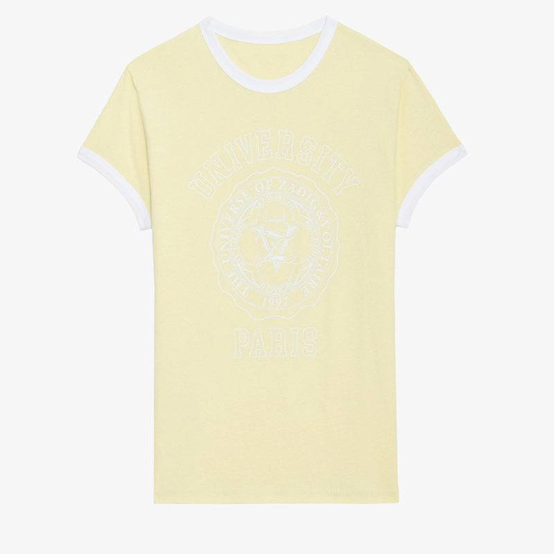 Women's Classic Letter Print Neckline Contrasting Colors Yellow Blouses