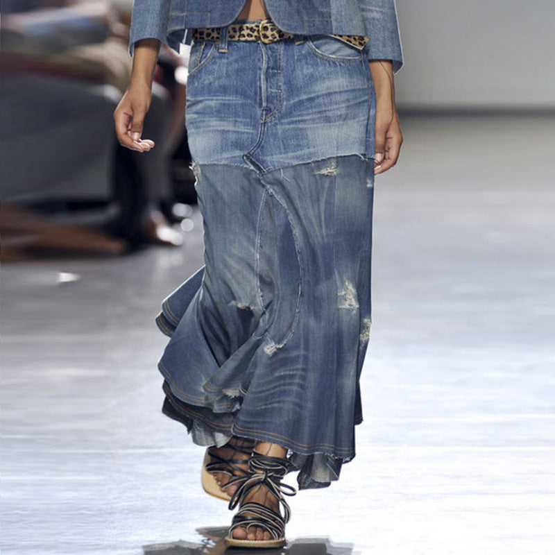 Women's Slouchy Denim Hot Stitching Irregular Skirts