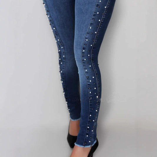 High Waist Rhinestone Beaded Hip Lifting Jeans