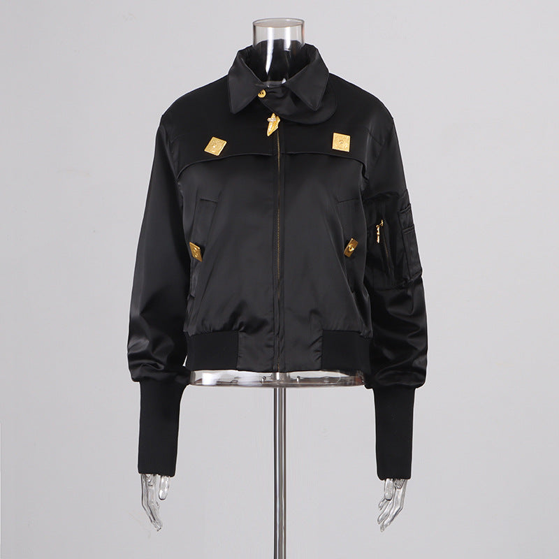 Women's Metal Stitching Decorations Long Sleeve Stand Collar Jackets