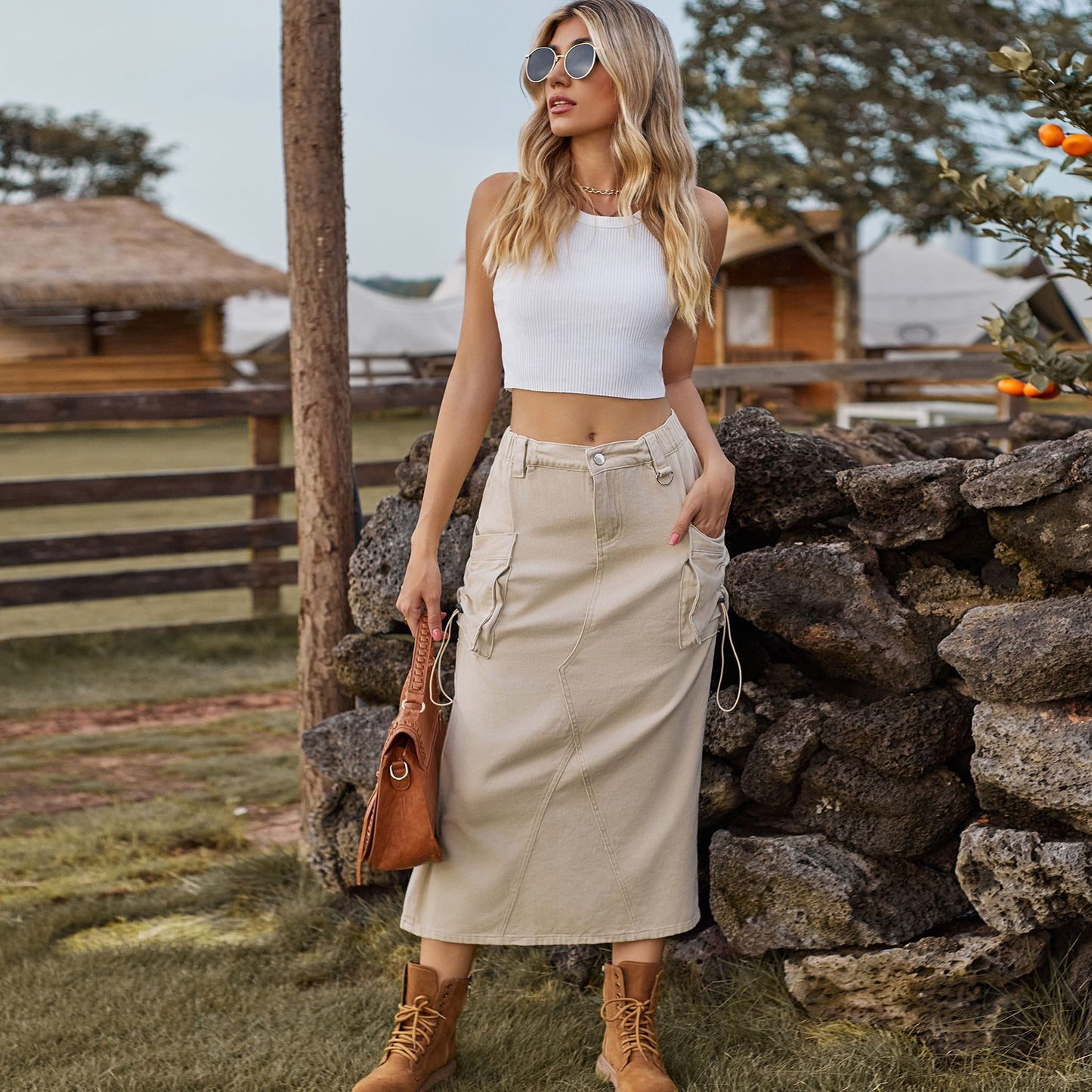 Women's Retro Denim Cargo Casual Midi Dress Skirts