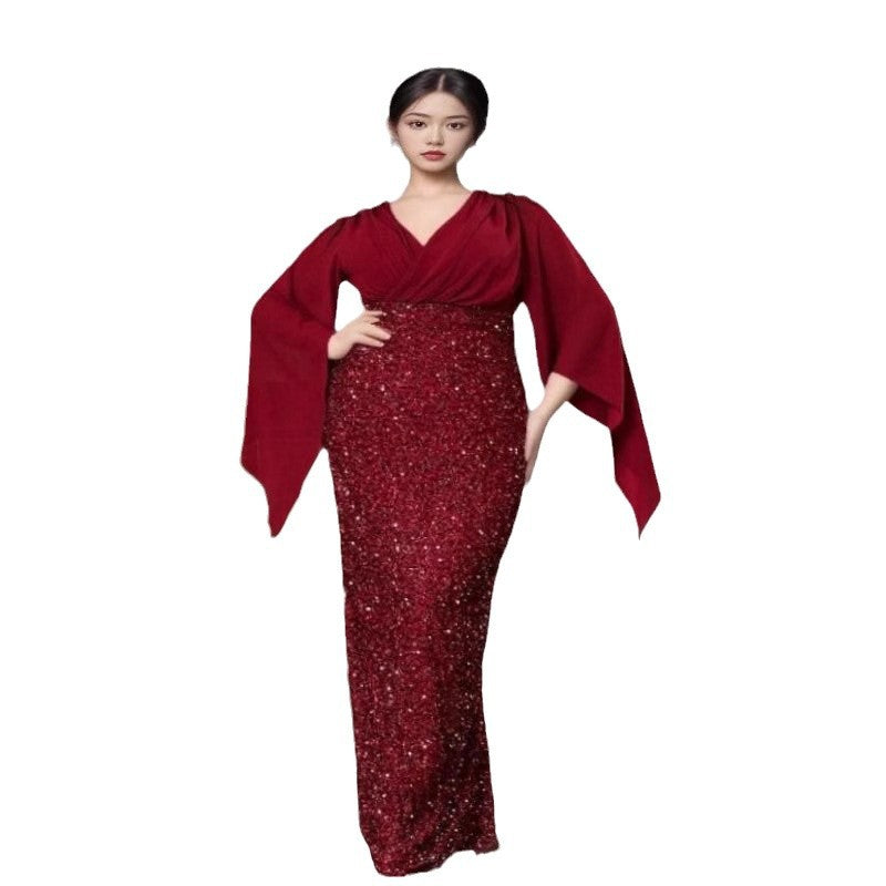Sequin Stitching Temperament Pure Color Deep Dresses
