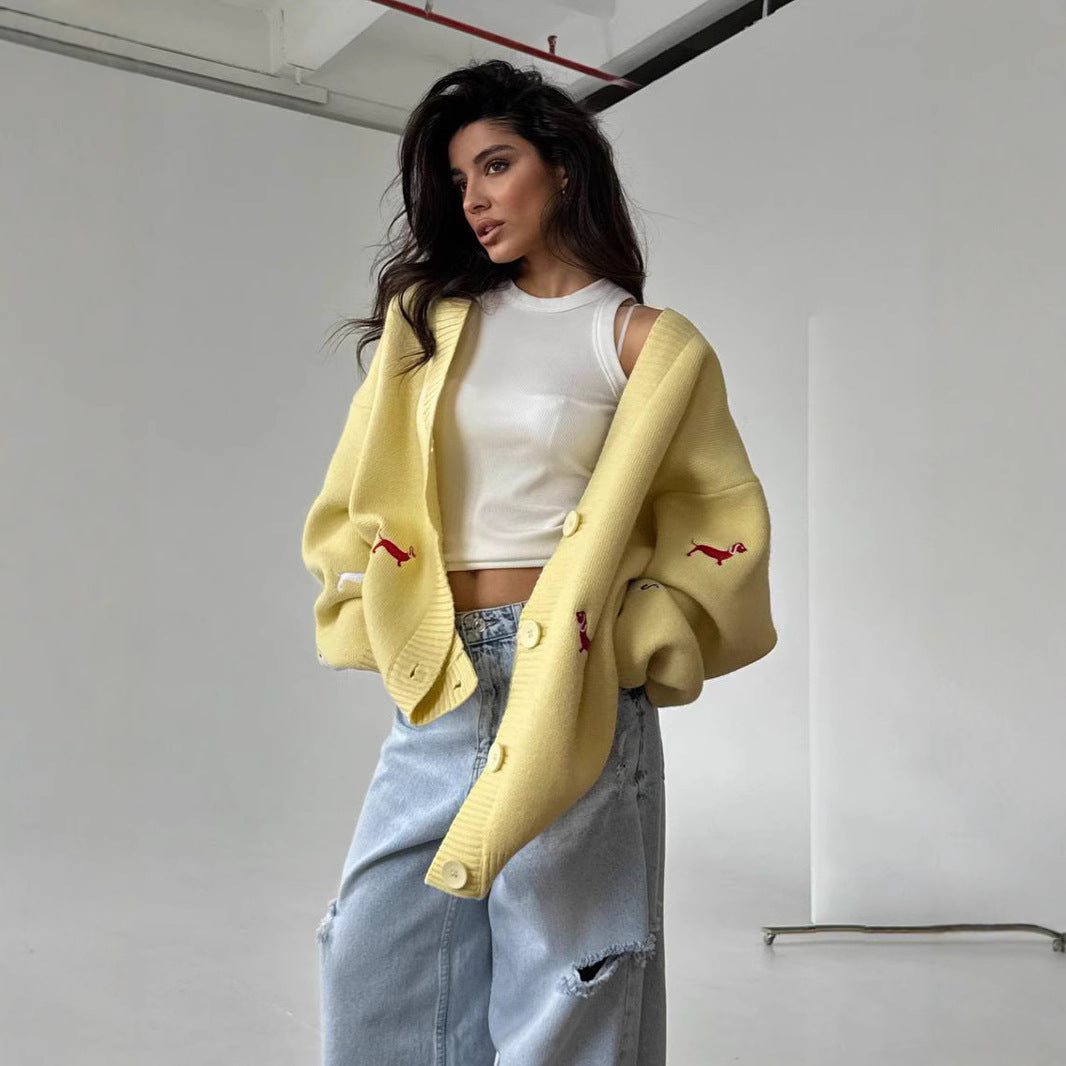 Women's Woolen Single-breasted Sausage Dog Embroidered Trendy Personality Coats