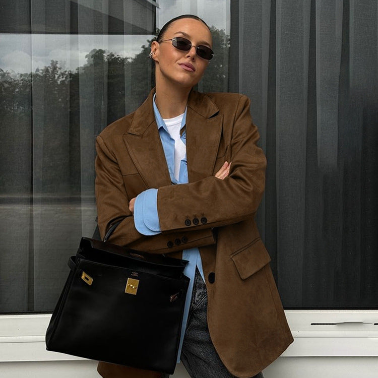 Women's Autumn Vintage Brown Suede Versatile Casual Blazers