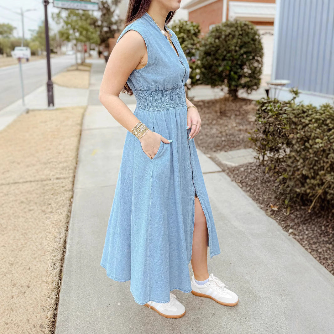 Women's Summer High-grade Denim French Retro Casual Waist Dresses