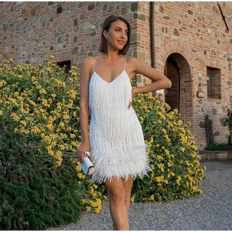 Fashion Tassel Sequins Multicolor Birthday Party Sexy Strap Feather Dresses