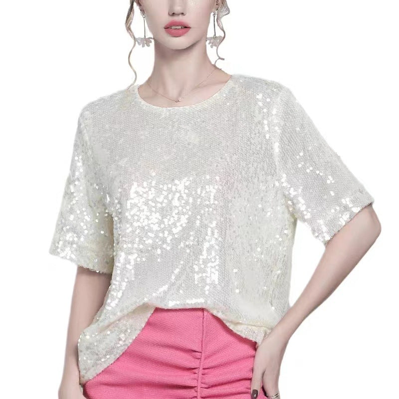 Women's Summer Sleeve Solid Color Sequin Sequined T-shirt Knitwear