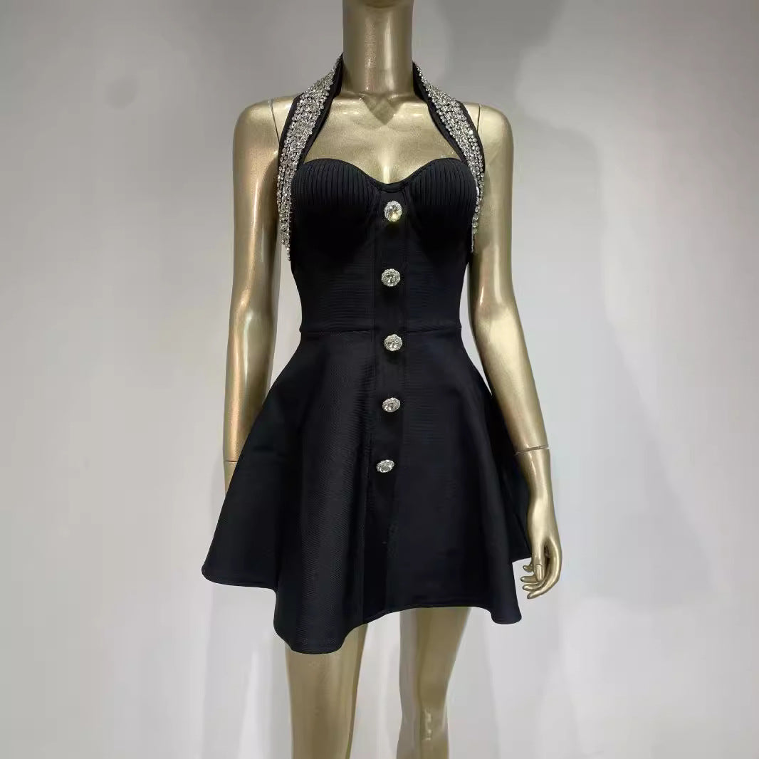 Summer Halter Bandage Dress Rhinestone Single-breasted A- Line Dresses