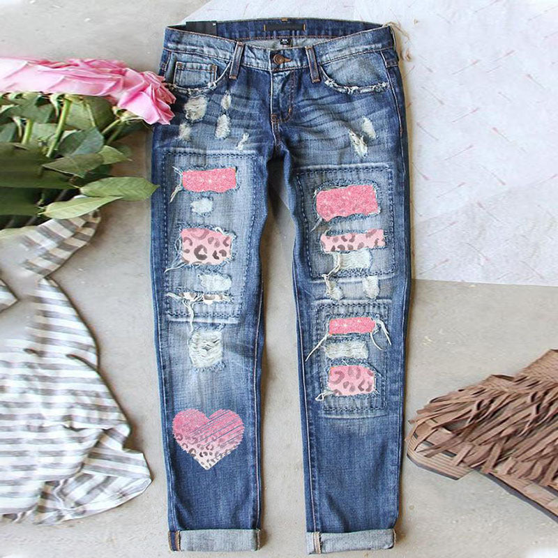 Women's Fashion Mid Waist Ripped Print Baggy Jeans