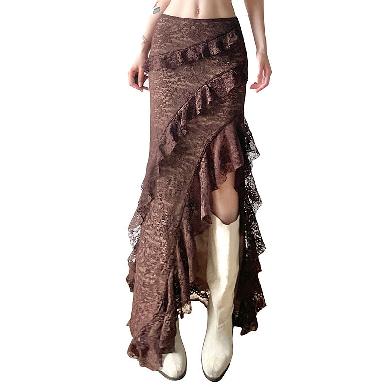 Women's Autumn High Waist Slim Lace Ruffled Skirts