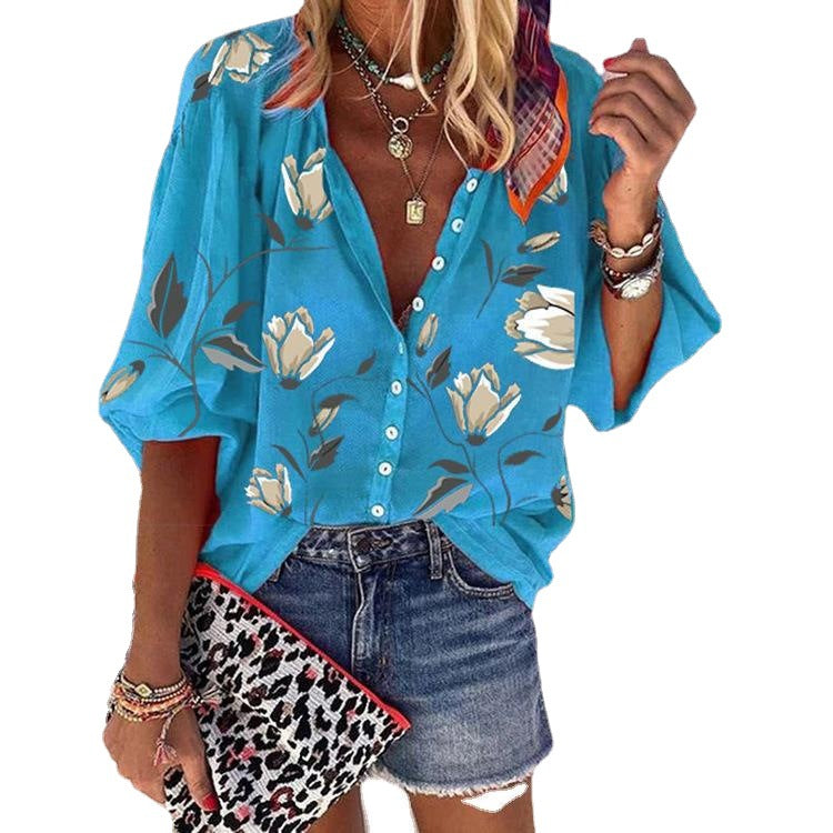Women's Printed Shirt Stand Collar Loose Casual Blouses