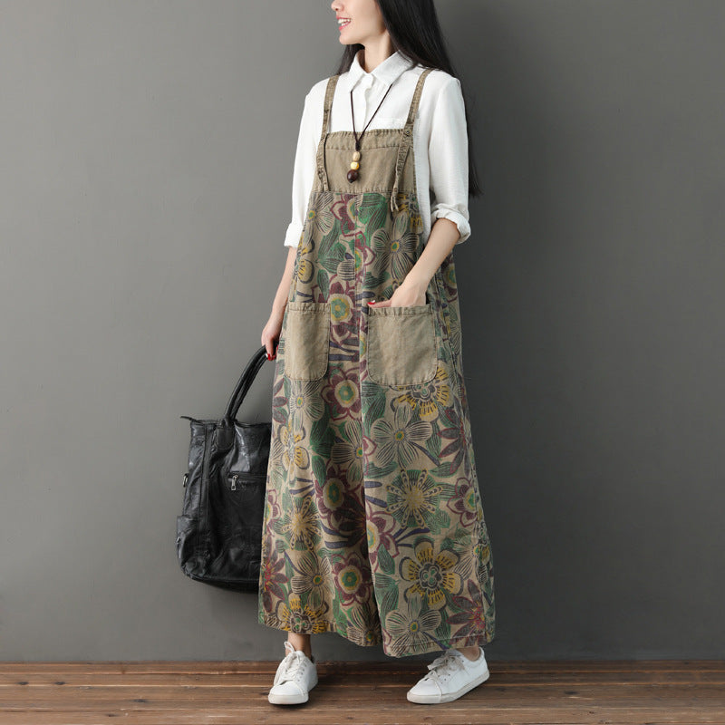 Distressed Printed Suspenders Retro Adjustable Color Jeans