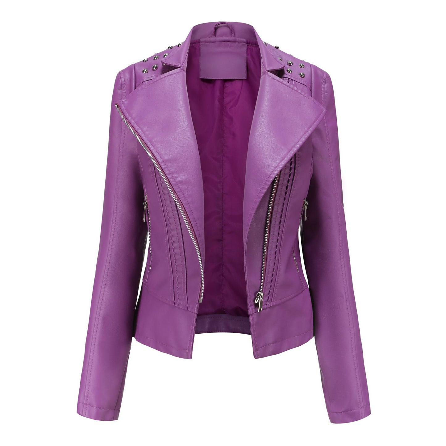 Women's European Beaded Leather Long-sleeved Fashion Lapel Jackets