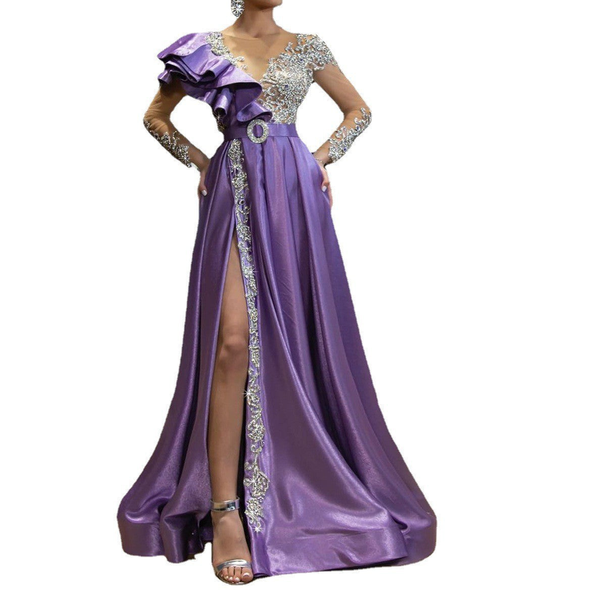 Women's Spring Dress Satin Gold Purple Sequins Dresses
